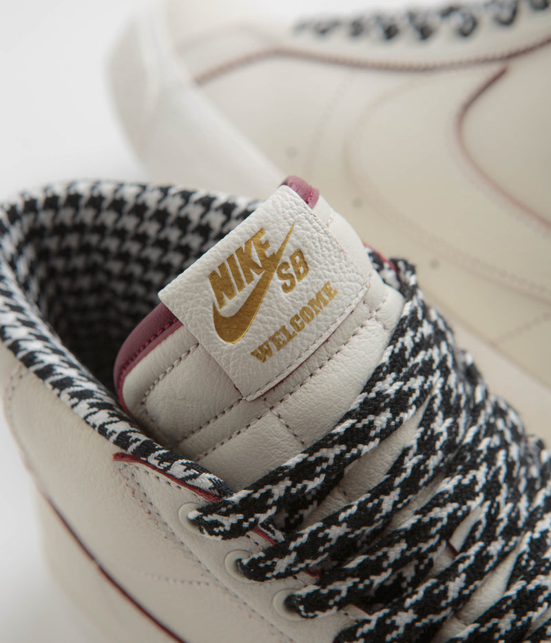 Nike SB x Welcome Skateboarding Blazer Mid Shoes in Sail and Dark Beetroot and White