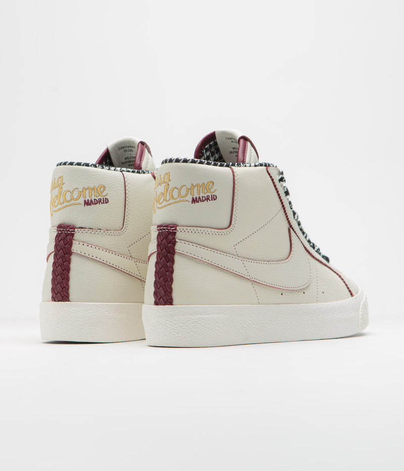 Nike SB x Welcome Skateboarding Blazer Mid Shoes in Sail and Dark Beetroot and White