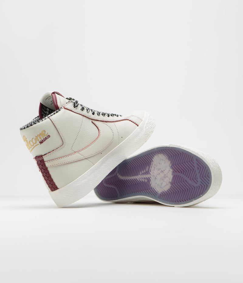 Nike SB x Welcome Skateboarding Blazer Mid Shoes in Sail and Dark Beetroot and White