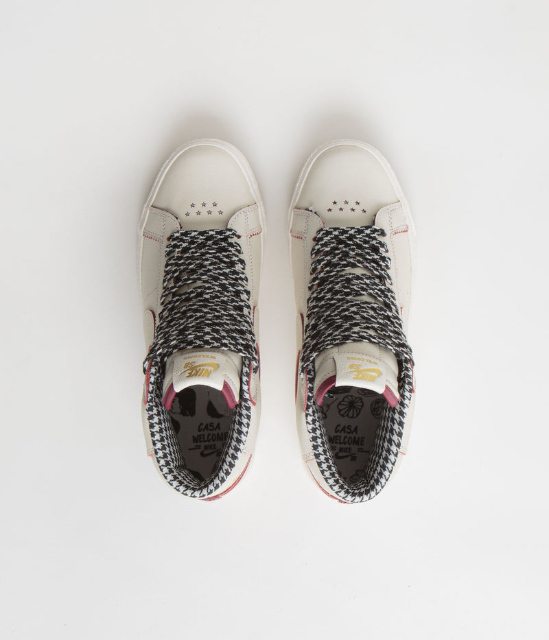 Nike SB x Welcome Skateboarding Blazer Mid Shoes in Sail and Dark Beetroot and White