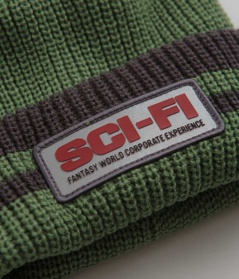 Sci-Fi Fantasy Reflective Patch Beanie in Olive and Grey