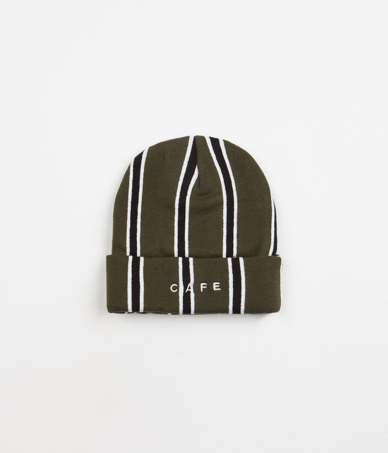Skateboard Cafe Vertical Stripe Beanie in Olive and Black / White