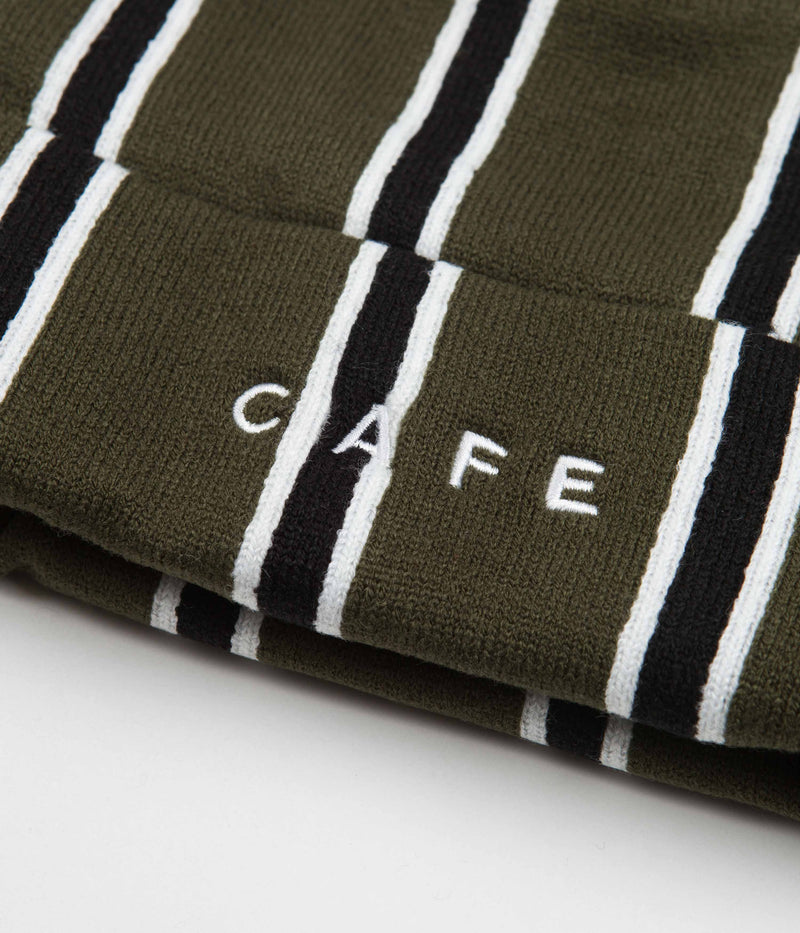 Skateboard Cafe Vertical Stripe Beanie in Olive and Black / White