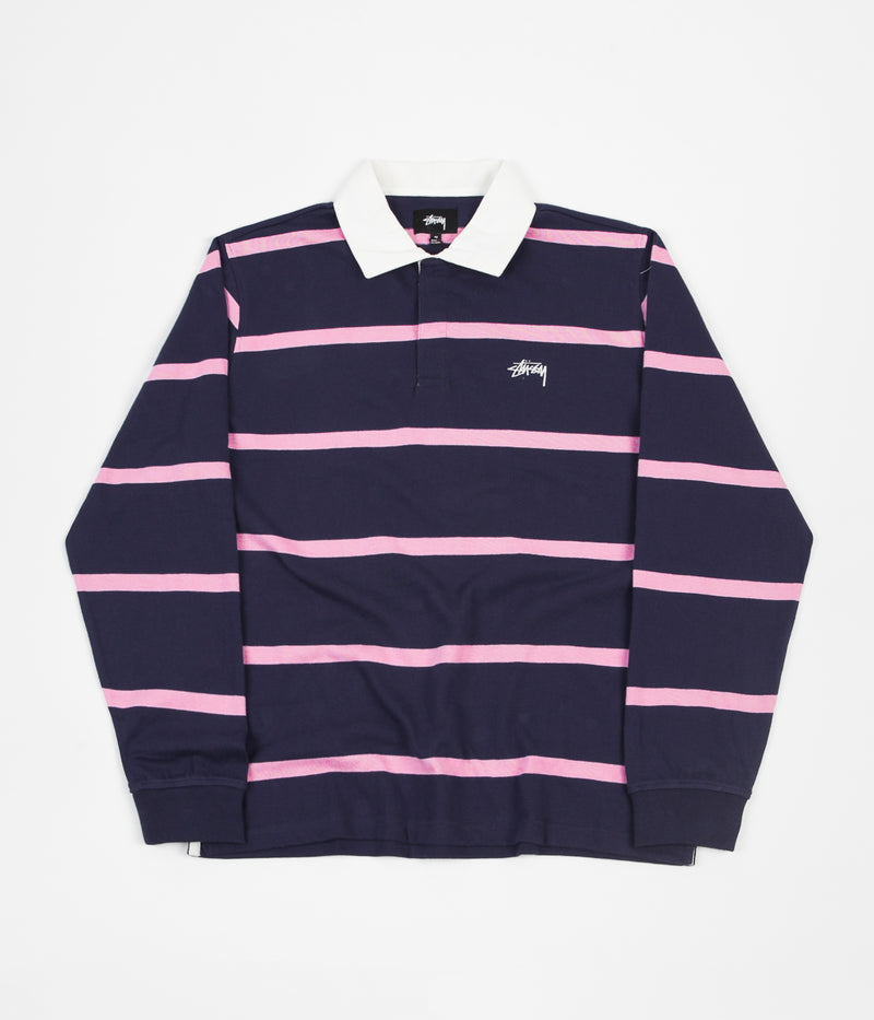Stussy Hill Stripe Long Sleeve Rugby Shirt in Navy