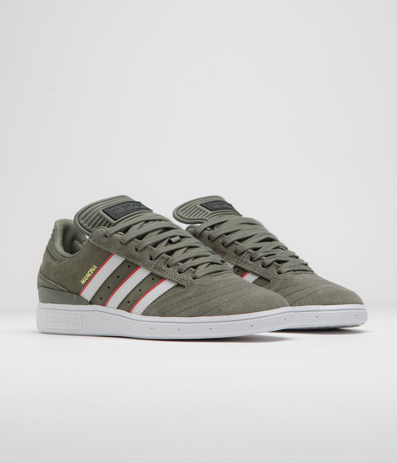 Adidas x Dan Mancina Busenitz Shoes in Olive Strata and Red / FTWR White