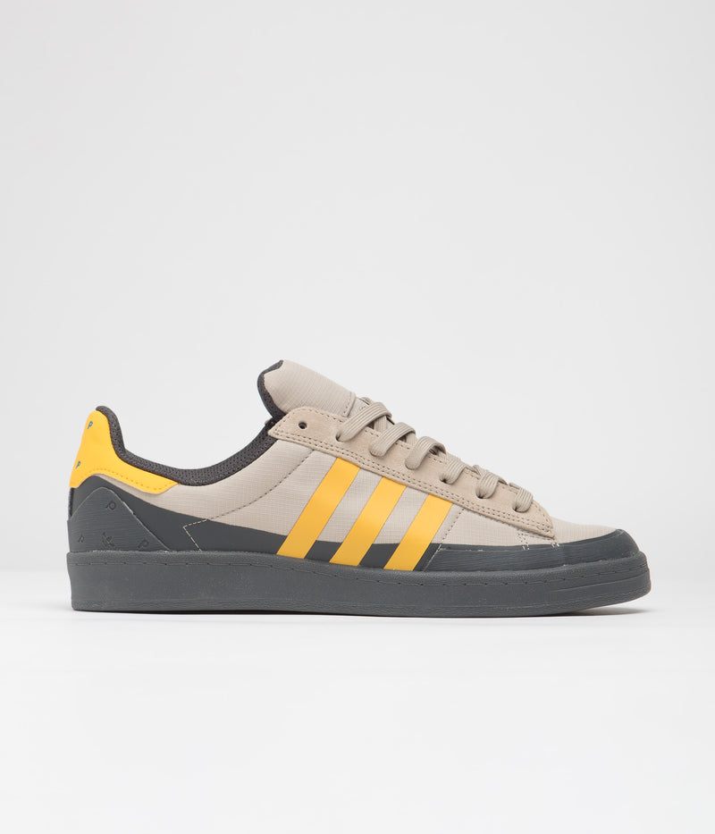 Adidas x Pop Trading Company Campus ADV Shoes in Grey Six and Active Gold / Clay Brown