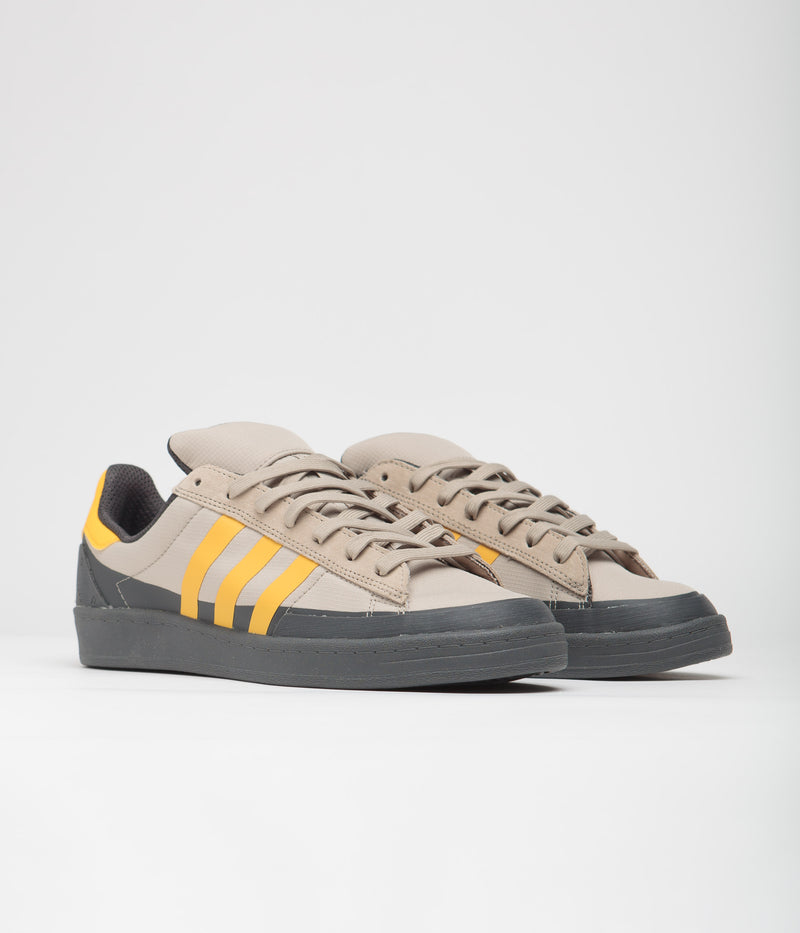 Adidas x Pop Trading Company Campus ADV Shoes in Grey Six and Active Gold / Clay Brown
