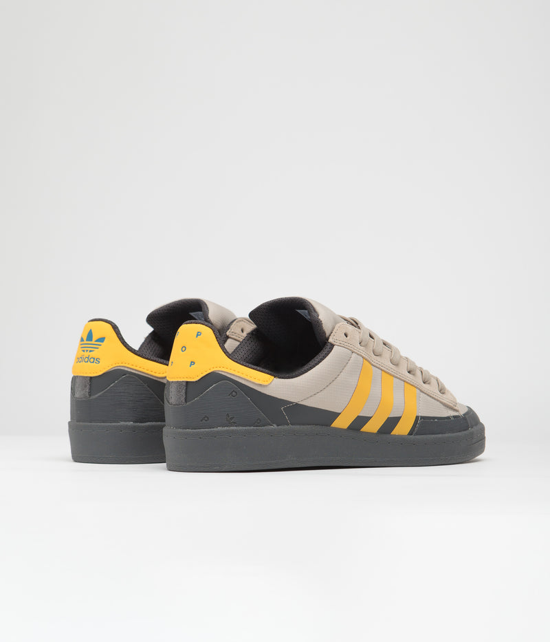Adidas x Pop Trading Company Campus ADV Shoes in Grey Six and Active Gold / Clay Brown