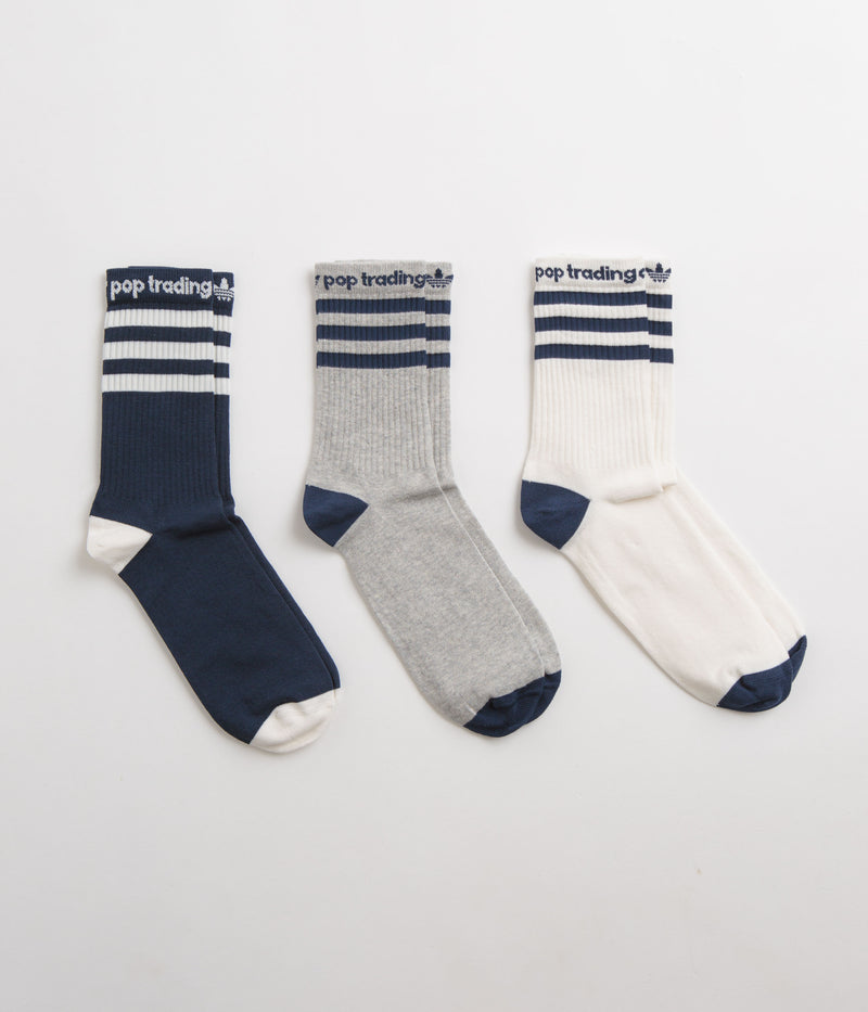 Adidas x Pop Trading Company Crew Socks (3 Pack) in Medium Grey Heather and Collegiate Navy / Chalk White