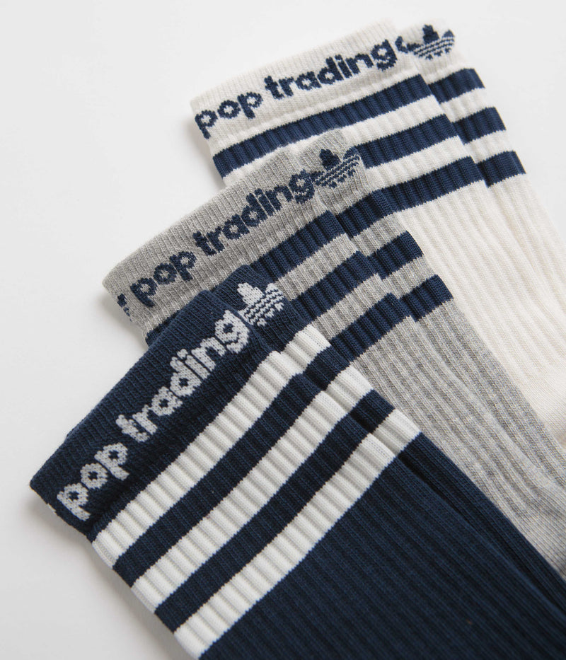 Adidas x Pop Trading Company Crew Socks (3 Pack) in Medium Grey Heather and Collegiate Navy / Chalk White